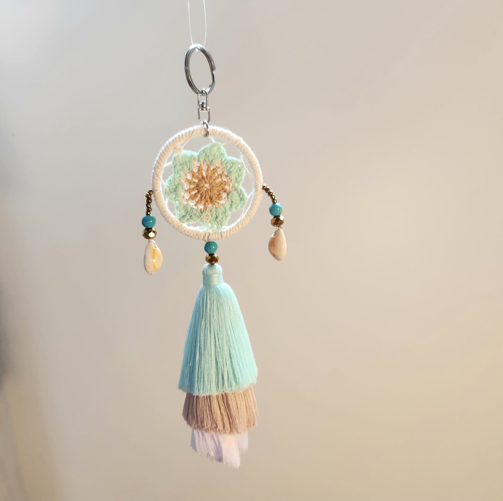 Triple Tassel Dreamcatcher Tote Charm - 20cm Mint Green,Beige and White
