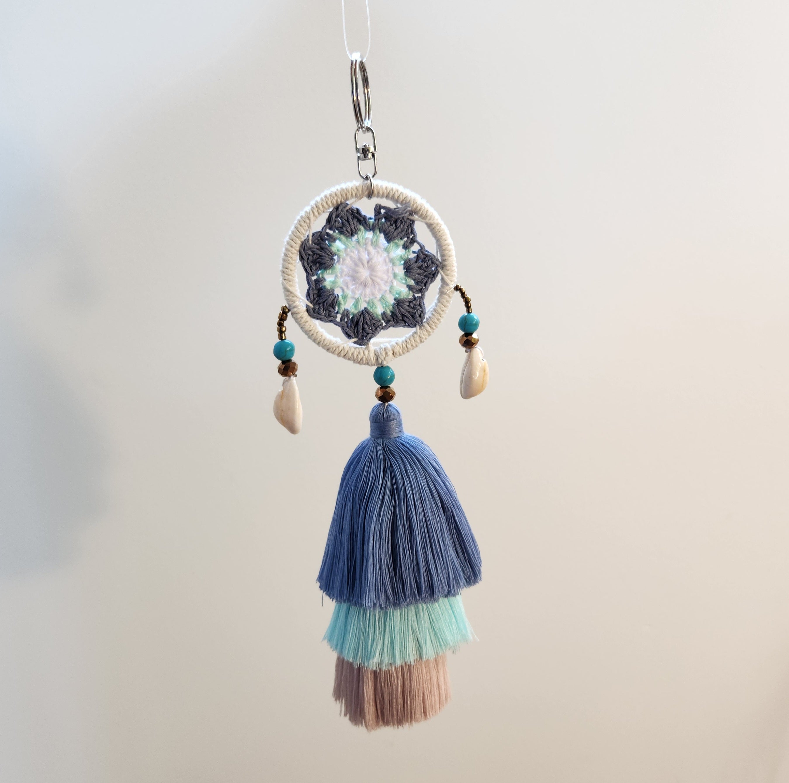 Triple Tassel Dreamcatcher Tote Charm - Deep Blue & Mint Green