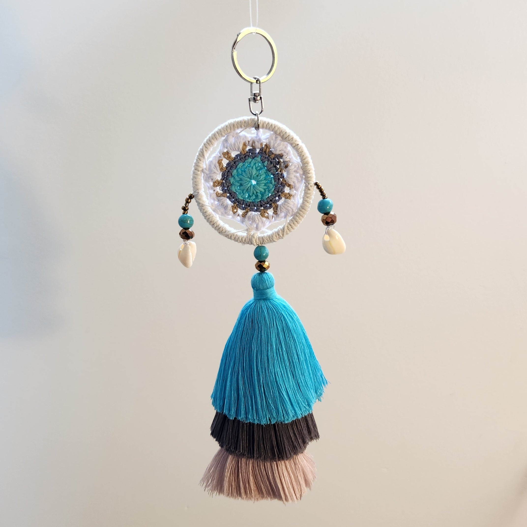 Triple Tassel Dreamcatcher Tote Charm - Blue & Brown