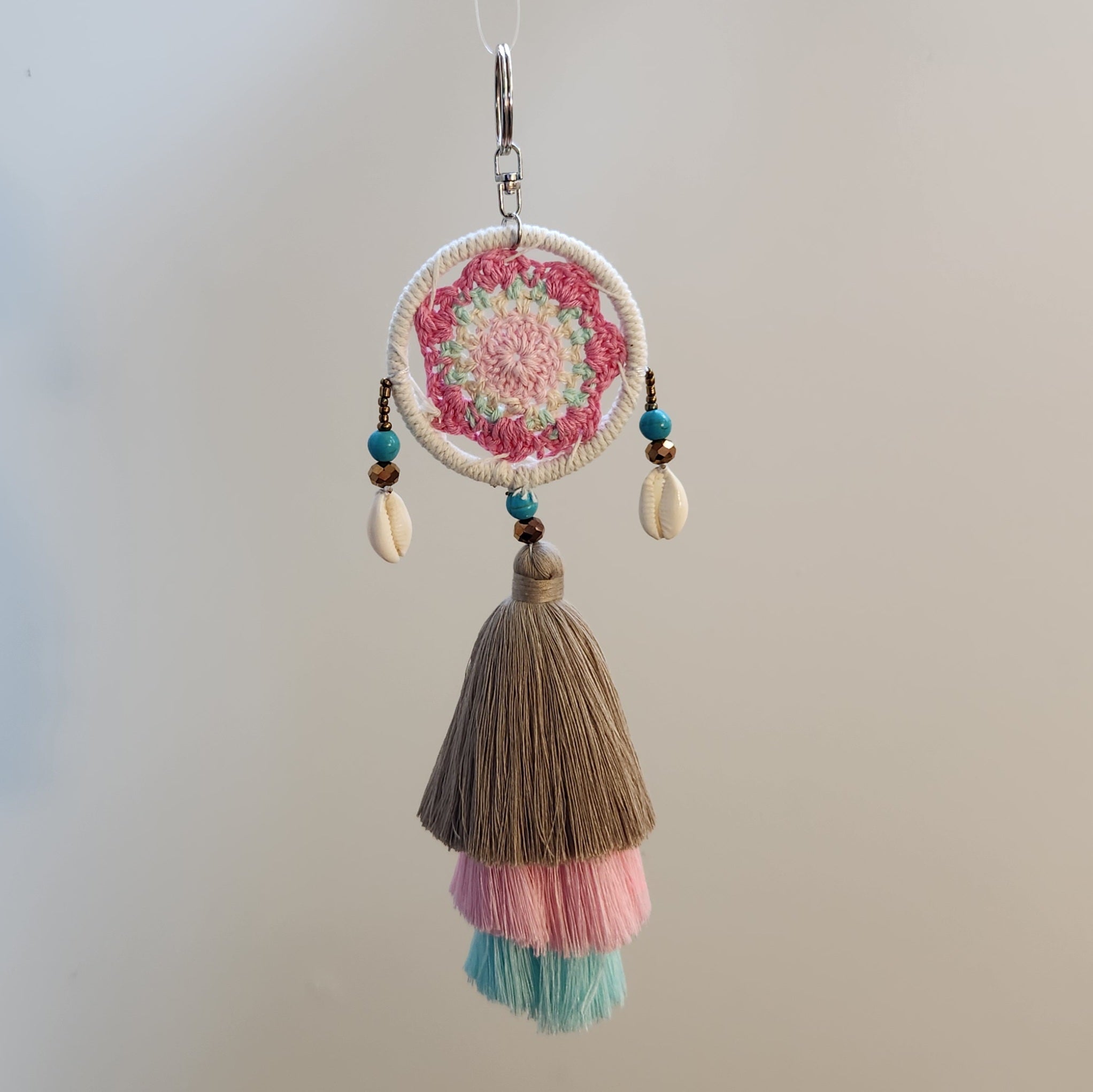 Triple Tassel Dreamcatcher Tote Charm - Brown & Pink & Blue