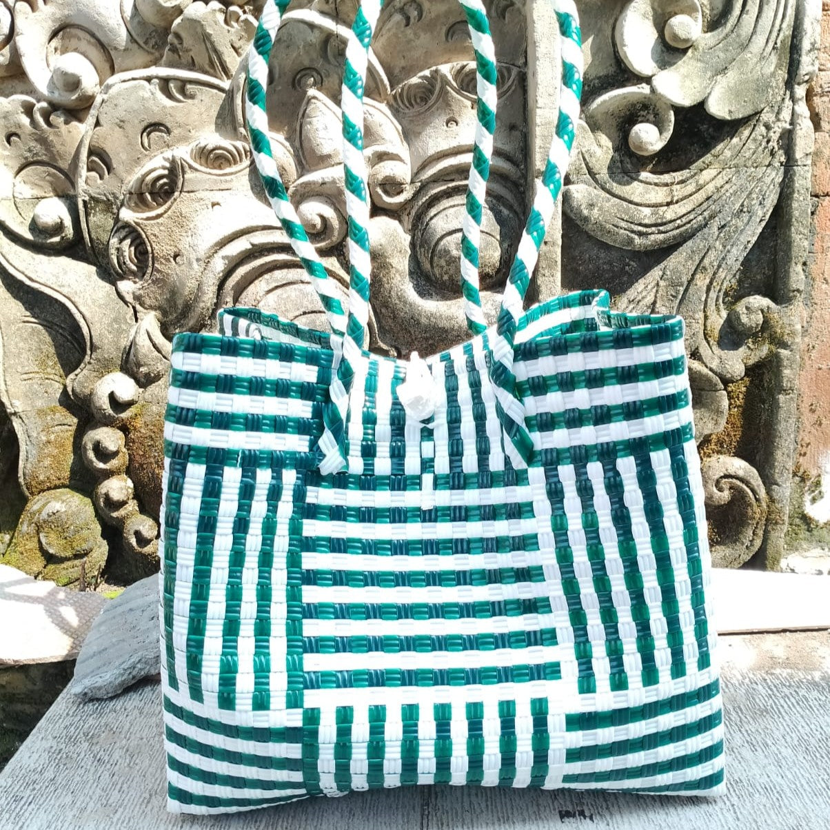 Flax Weave Recycled Tote – Eco Modern in Green & White