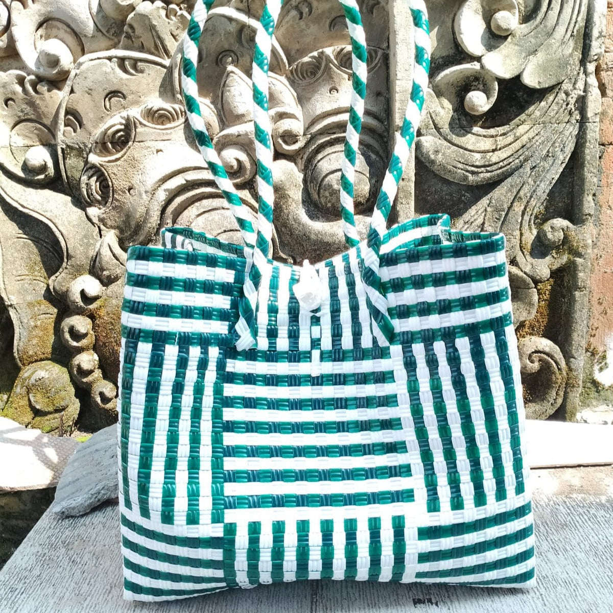 Flax Weave Recycled Tote – Eco Modern in Green & White
