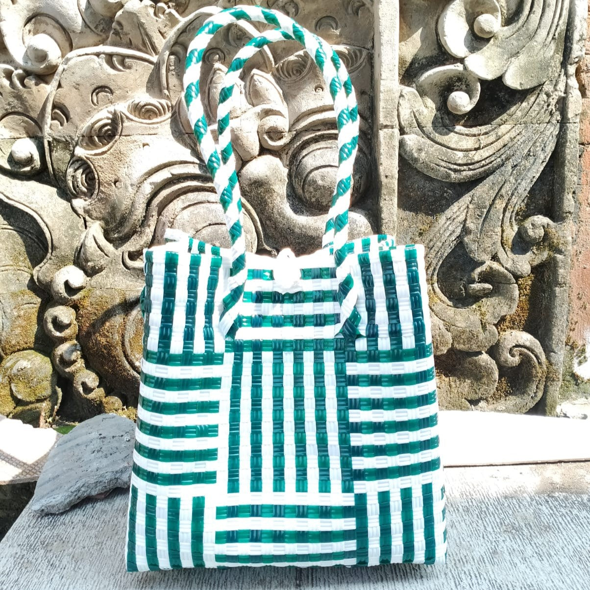 Flax Weave Recycled Tote – Eco Modern in Green & White